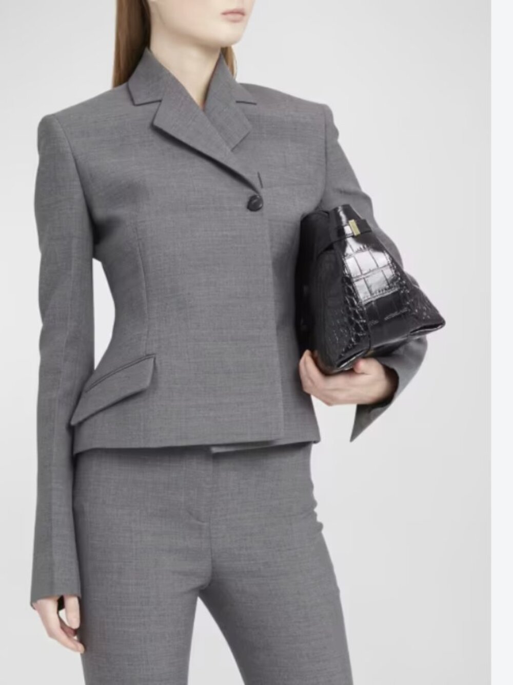 Salvatore Ferragamo Double Breasted Wool Asymmetrical Blazer in Vintage Grey 38
